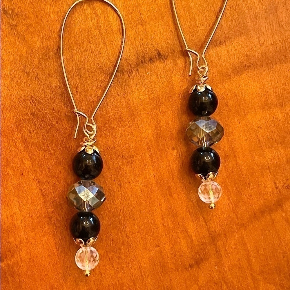 𝅺22KT Gold over Sterling Silver Earrings Genuine Black Onyx Crystal Modern Chic - Picture 6 of 7